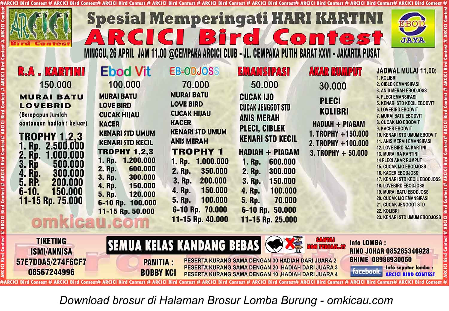 Brosur Lomba Burung Berkicau Arcici Spesial Kartini, Jakarta, 26 April 2015