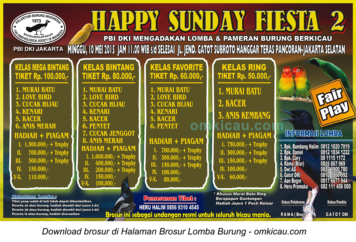 Brosur Lomba Burung Berkicau Happy Sunday Fiesta PBI DKI Jakarta, 10 Mei 2015