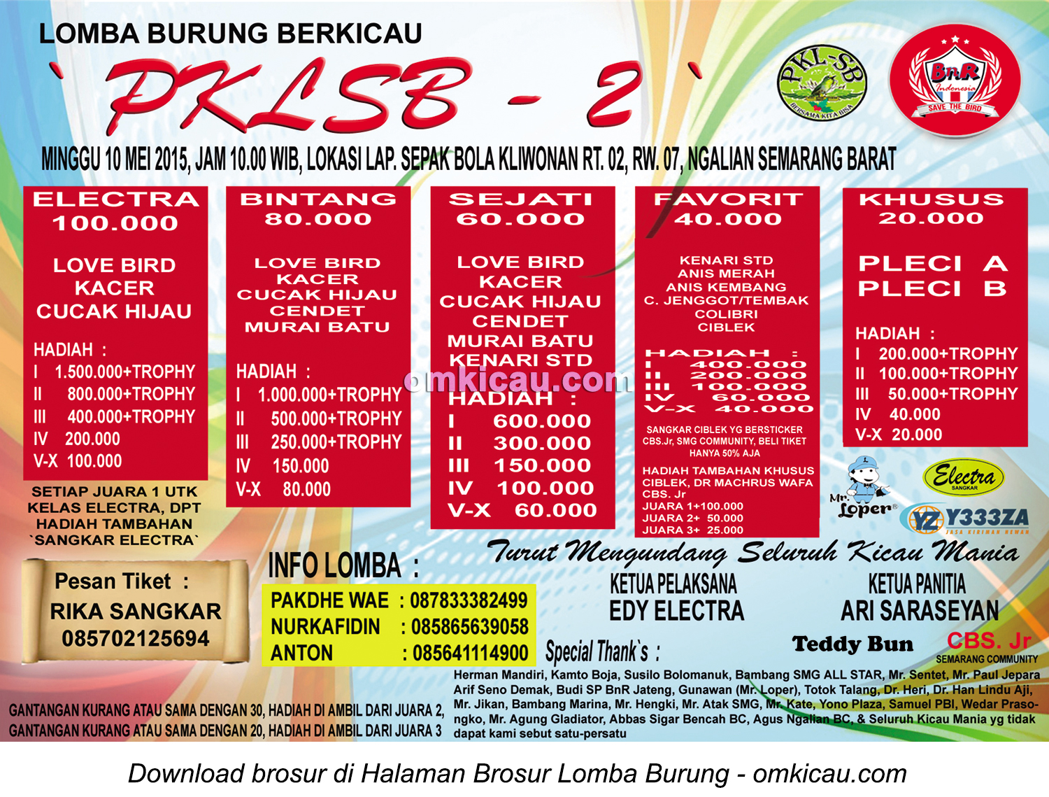 Brosur Lomba Burung Berkicau PKLSB-2, Semarang, 10 Mei 2015