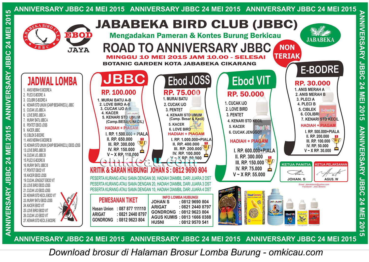 Brosur Lomba Burung Berkicau Road to Anniversary JBBC, Cikarang, 10 Mei 2015