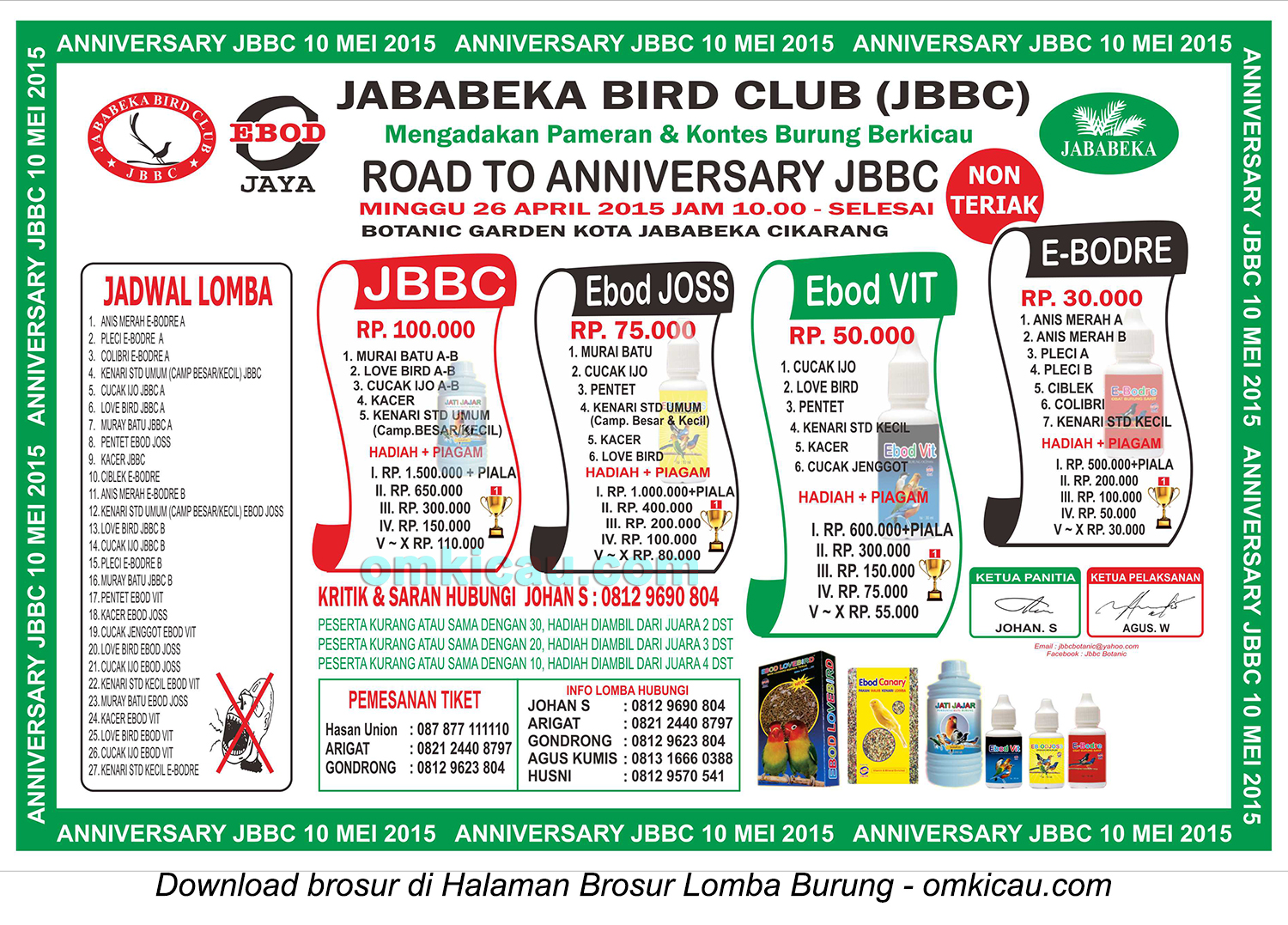Brosur Lomba Burung Berkicau Road to Anniversary JBBC, Cikarang, 26 April 2015