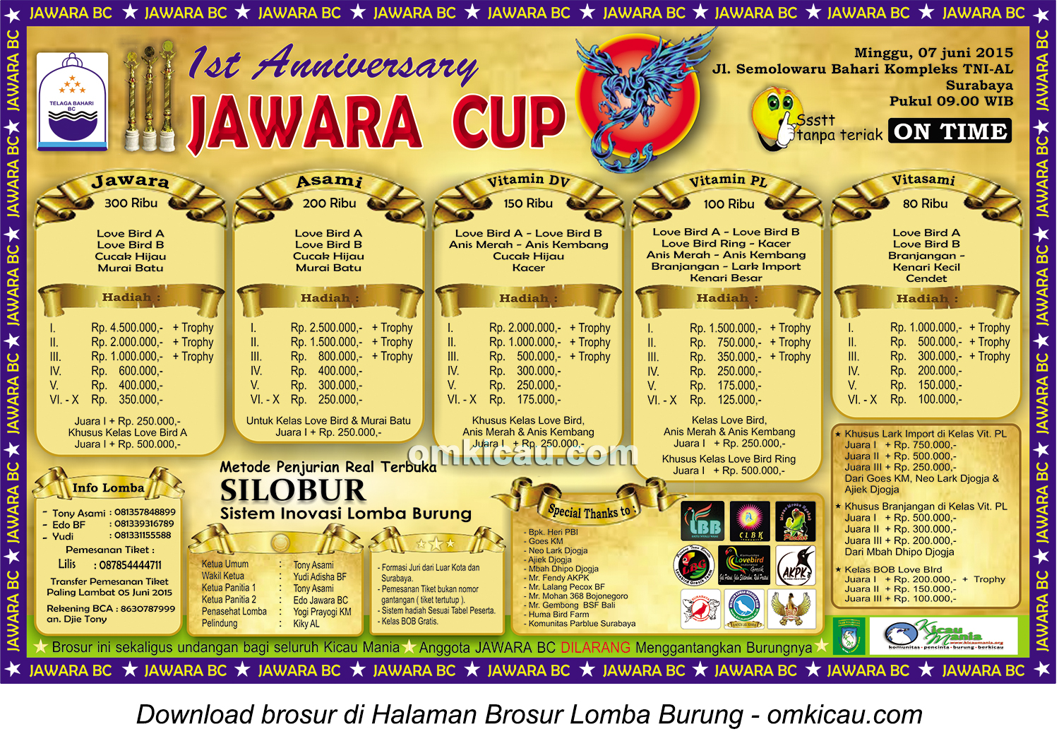 Brosur Lomba Burung Berkicau 1st Anniversary Jawara Cup, Surabaya, 7 Juni 2015
