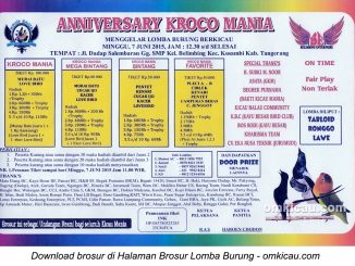 Brosur Lomba Burung Berkicau Anniversary Kroco Mania, Tangerang, 7 Juni 2015