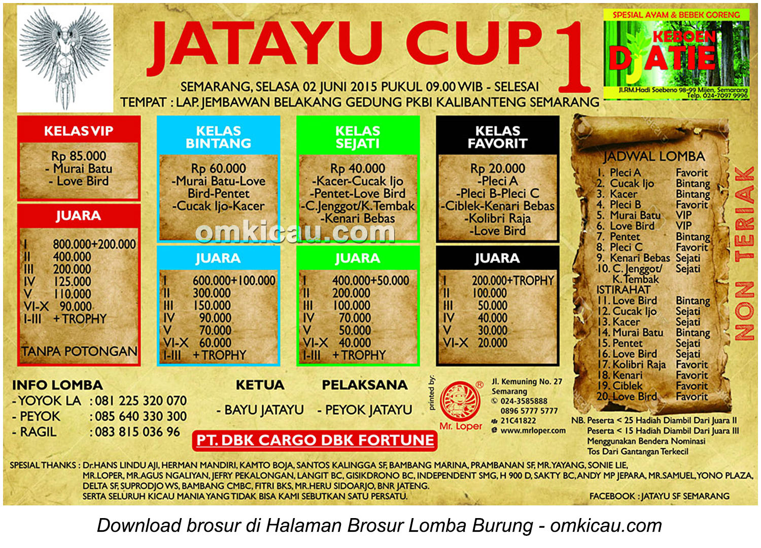 Brosur Lomba Burung Berkicau Jatayu Cup 1, Semarang, 2 Juni 2015