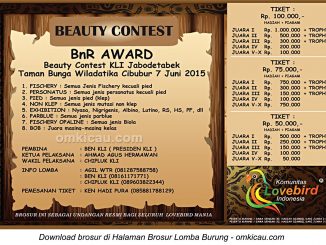 Brosur Lovebird Beauty Contest BnR Award, Jakarta, 7 Juni 2015