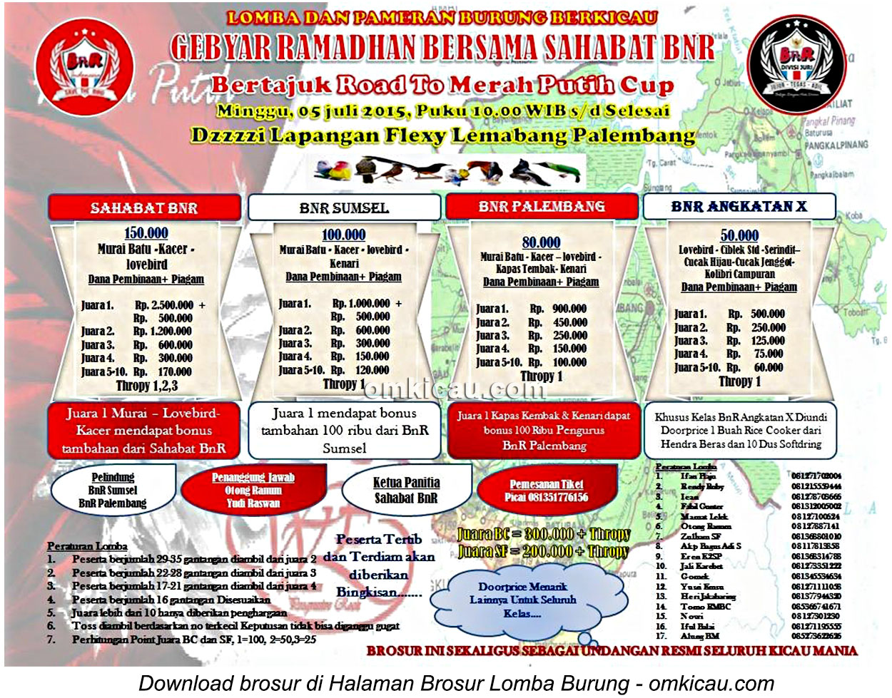 Brosur Lomba Burung Berkicau Gebyar Ramadhan Road to Merah Putih Cup, Palembang, 5 Juli 2015