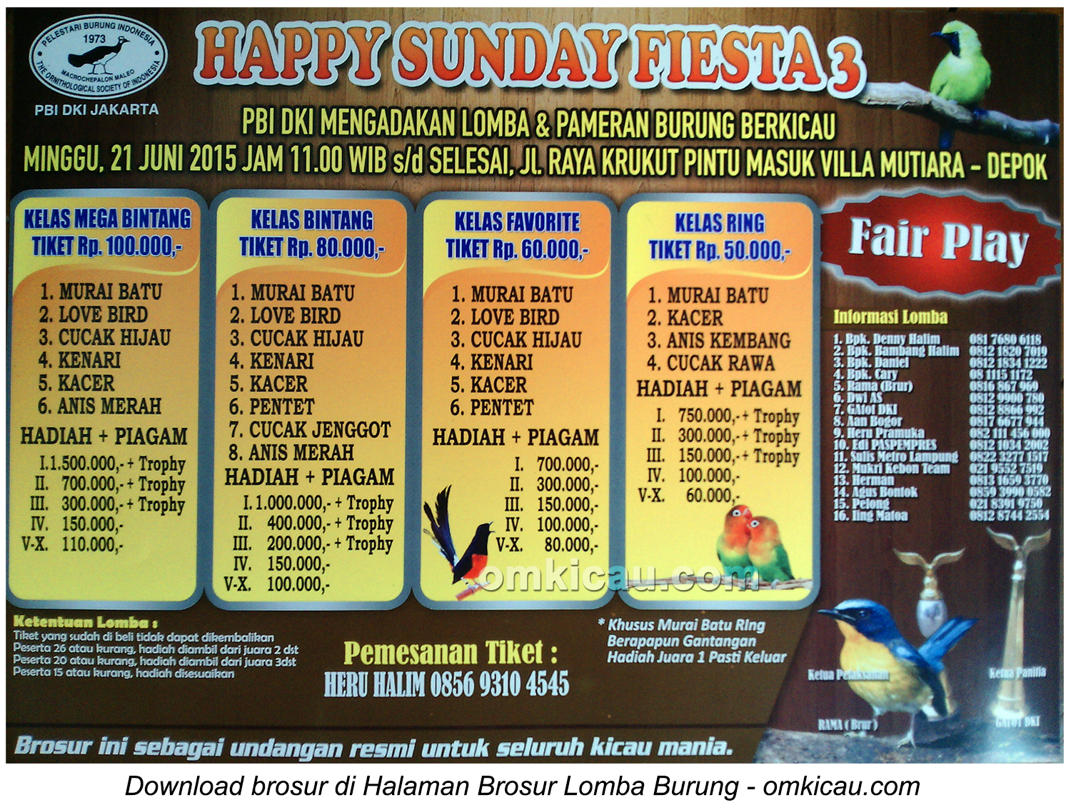 Brosur Lomba Burung Berkicau Happy Sunday Fiesta PBI DKI Jakarta, Depok, 21 Juni 2015