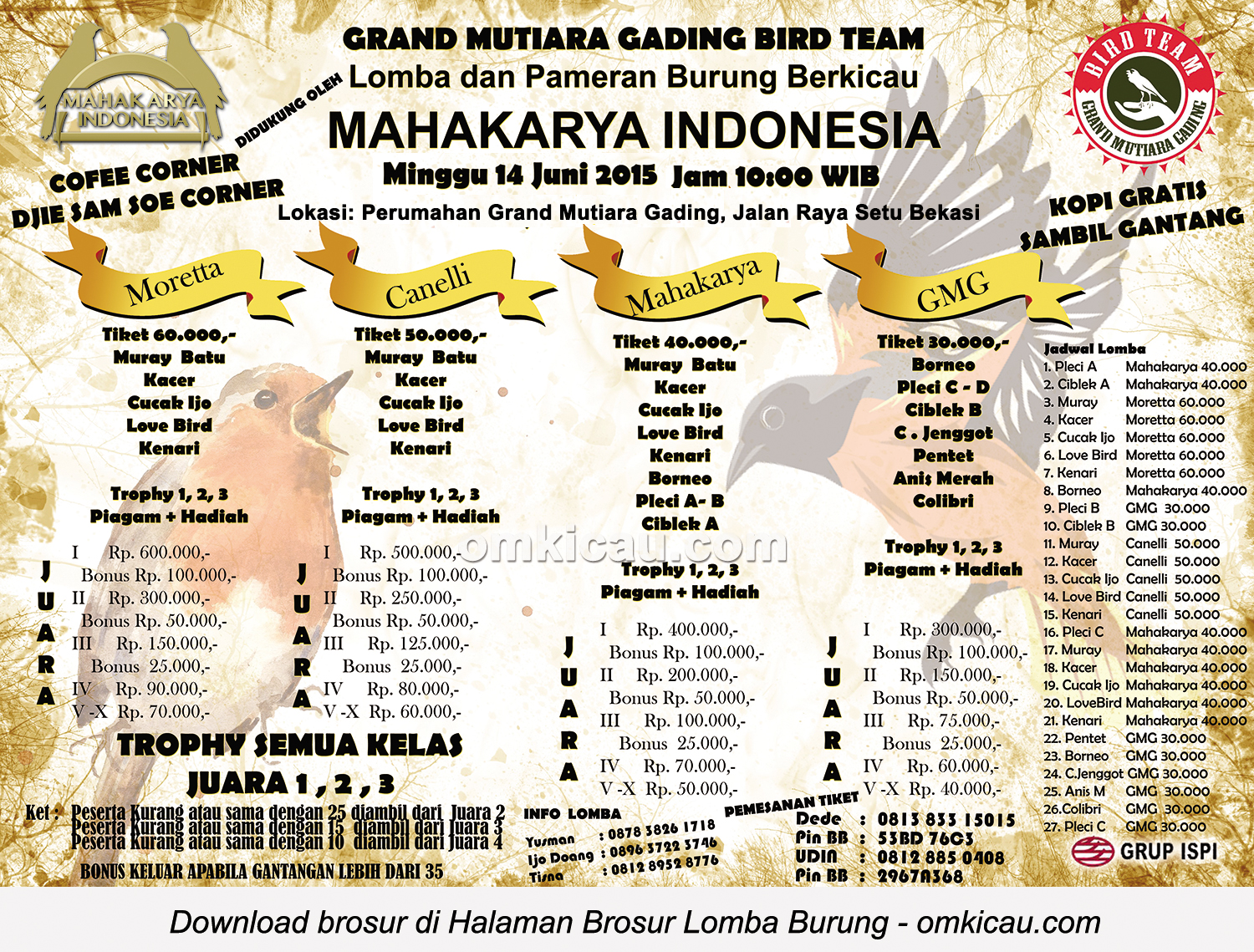 Brosur Lomba Burung Berkicau Mahakarya Indonesia-GMG Bird Team, Bekasi, 14 Juni 2015