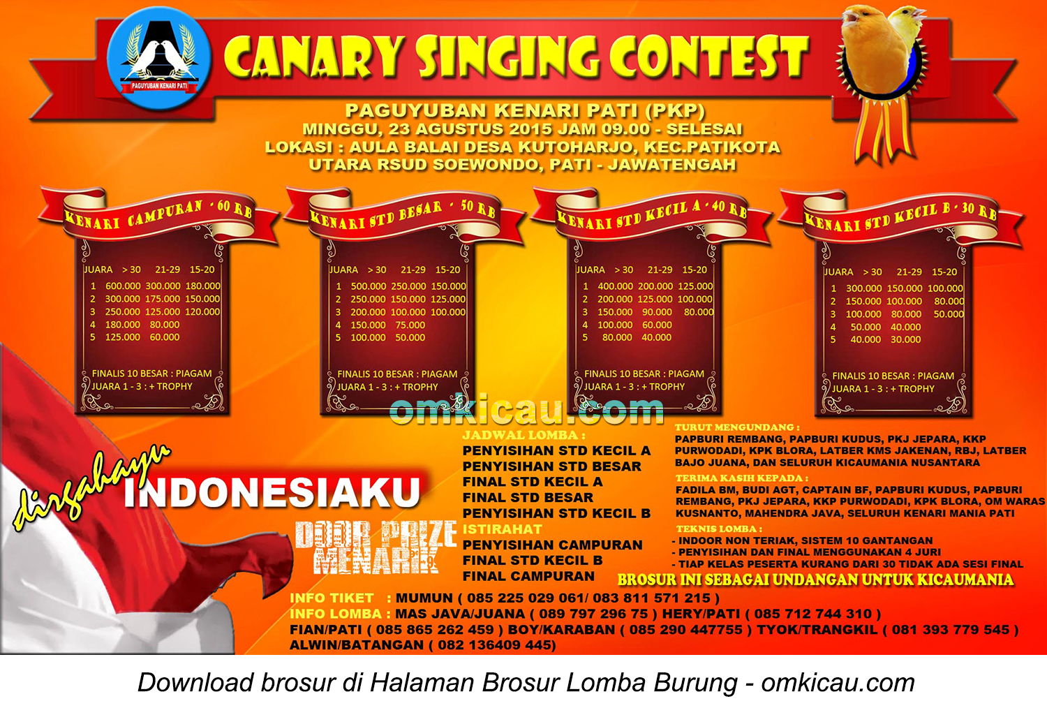 Brosur Canary Singing Contest - PKP, Pati, 23 Agustus 2015