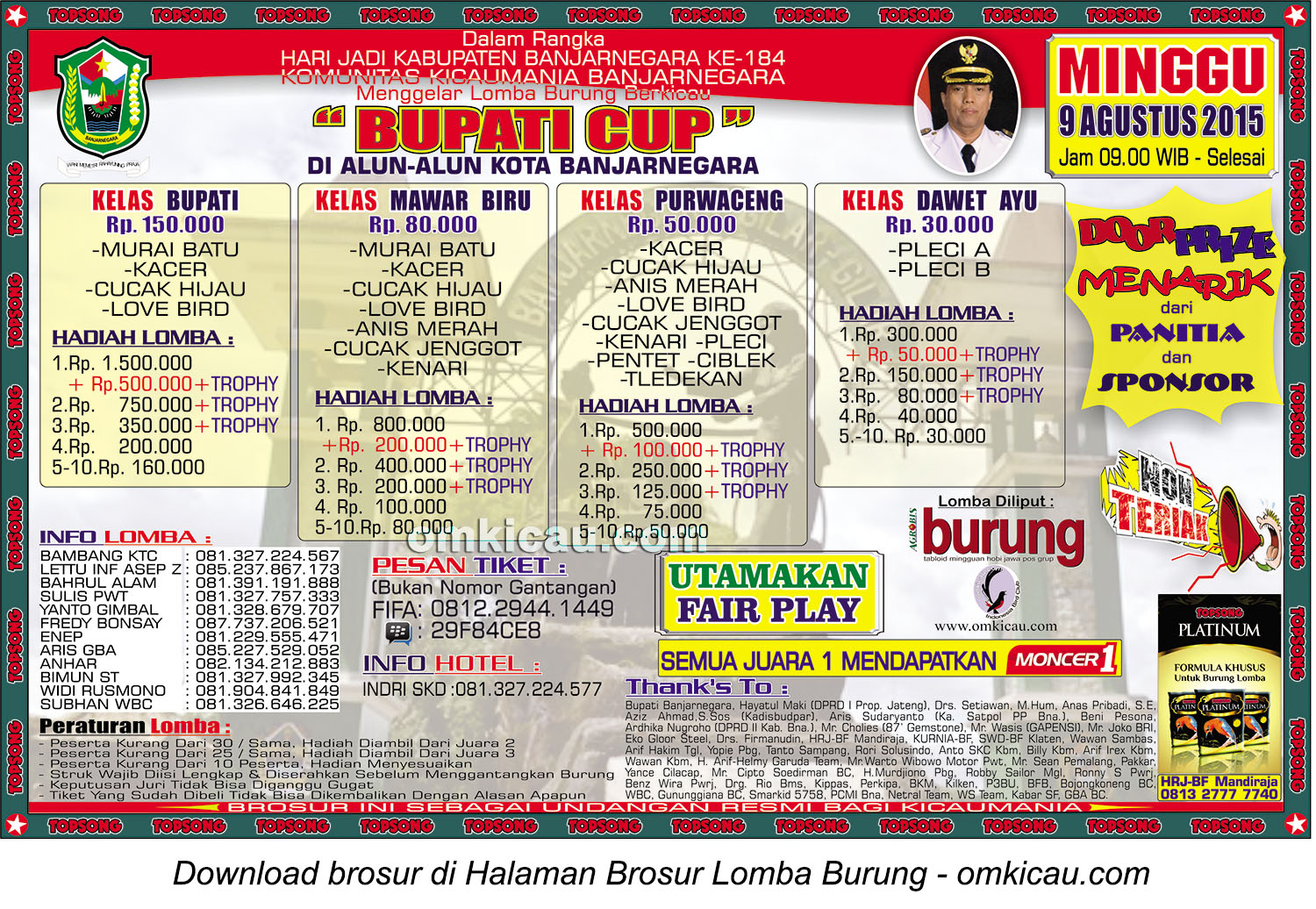 Brosur Lomba Burung Berkicau Bupati Cup, Banjarnegara, 9 Agustus 2015