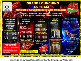 Brosur Lomba Burung Berkicau Grand Launching 45 Team, Cibubur, 2 Agustus 2015
