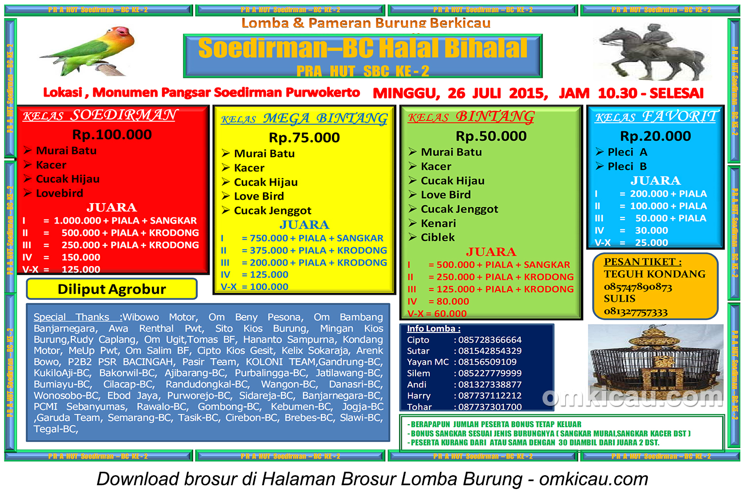 Brosur Lomba Burung Berkicau Soedirman BC Halal Bihalal, Purwokerto, 26 Juli 2015