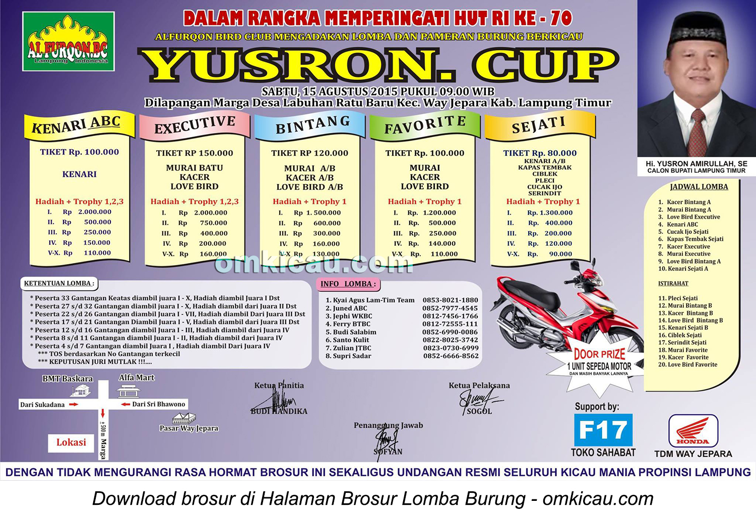 Brosur Lomba Burung Berkicau Yusron Cup, Lampung Timur, 15 Agustus 2015