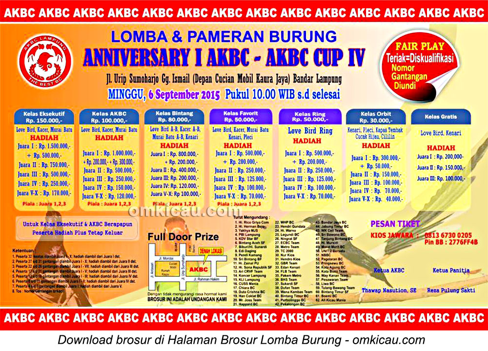 Brosur Lomba Burung Berkicau Anniversary I AKBC, Bandarlampung, 6 September 2015