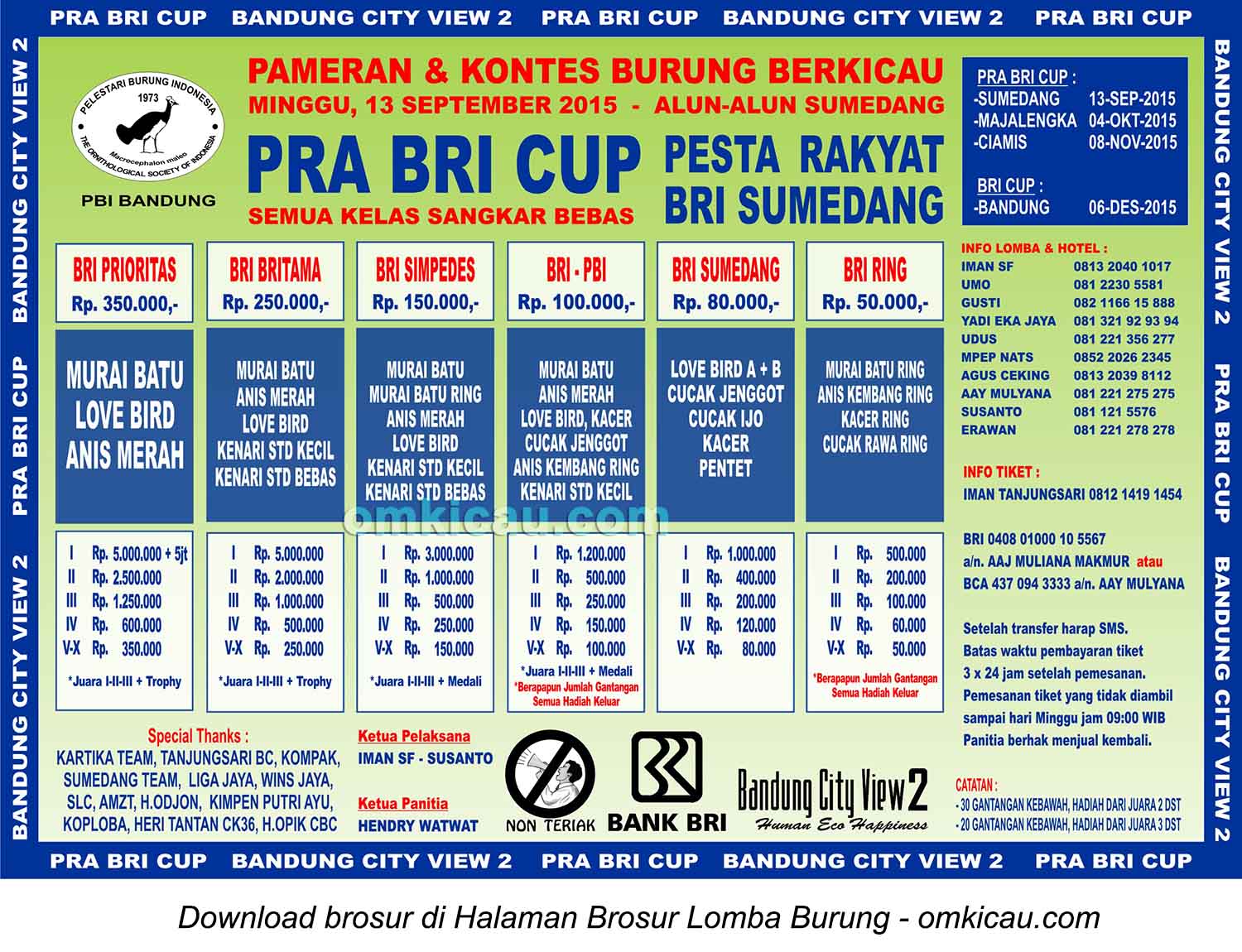 Brosur Lomba Burung Berkicau Pra BRI Cup, Sumedang, 13 September 2015