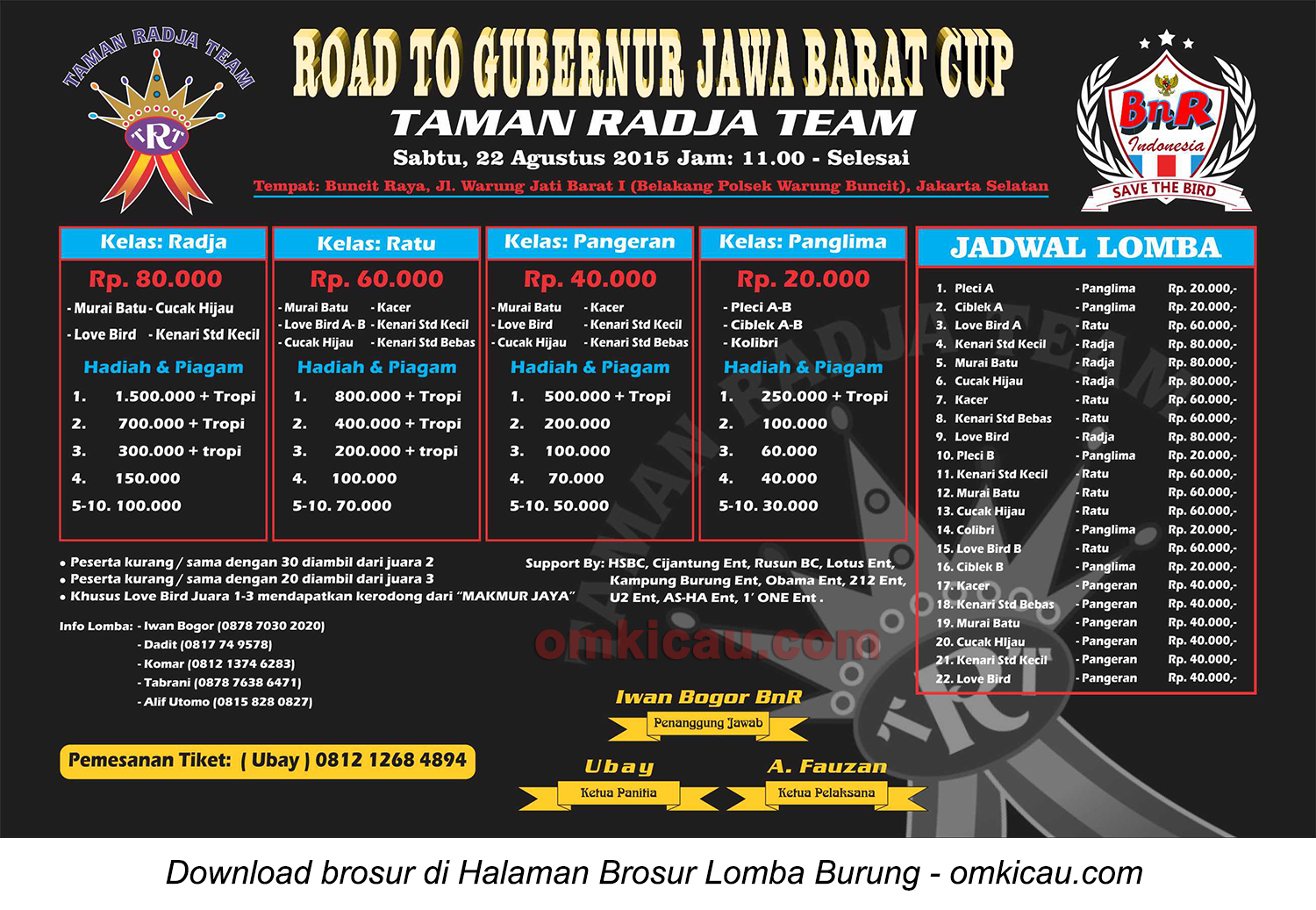Brosur Lomba Burung Berkicau Road to Gubernur Jawa Barat Cup, Jakarta Selatan, 22 Agustus 2015