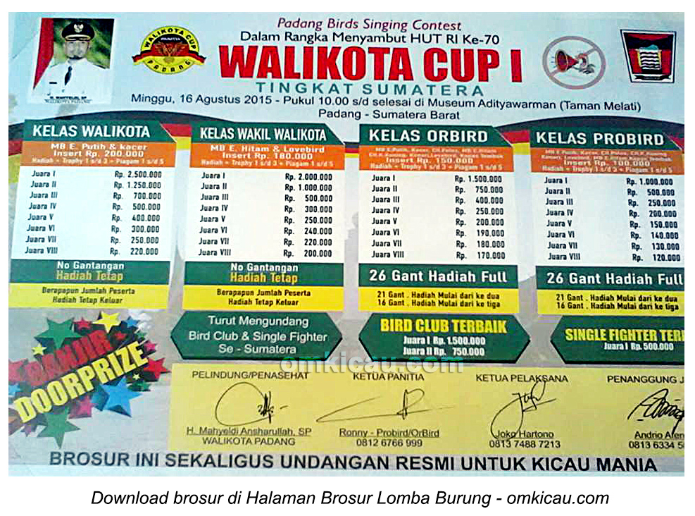 Brosur Lomba Burung Berkicau Wali Kota Cup I, Padang, 16 Agustus 2015