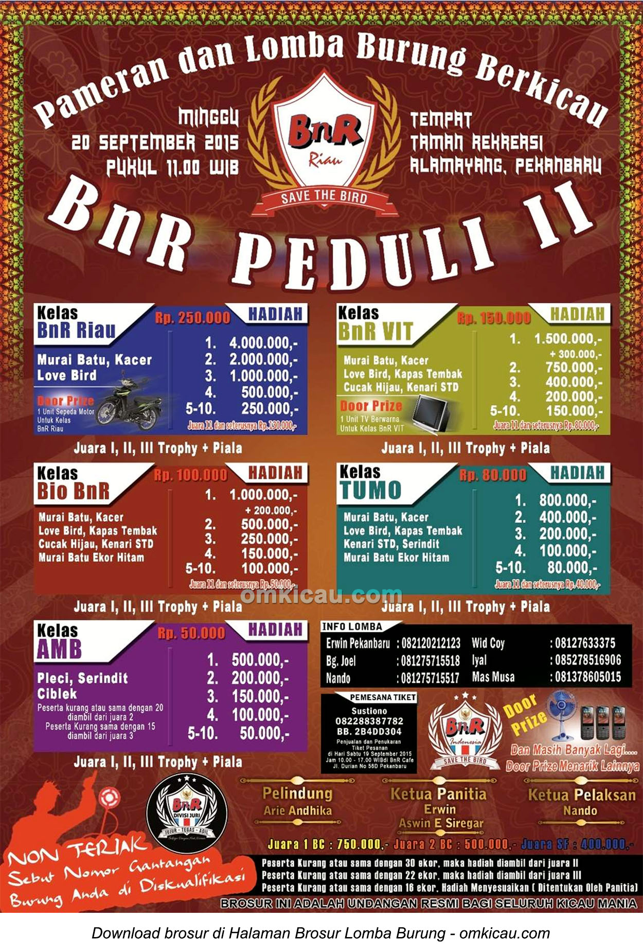 Brosur Lomba Burung Berkicau BnR Peduli II, Pekanbaru, 20 September 2015