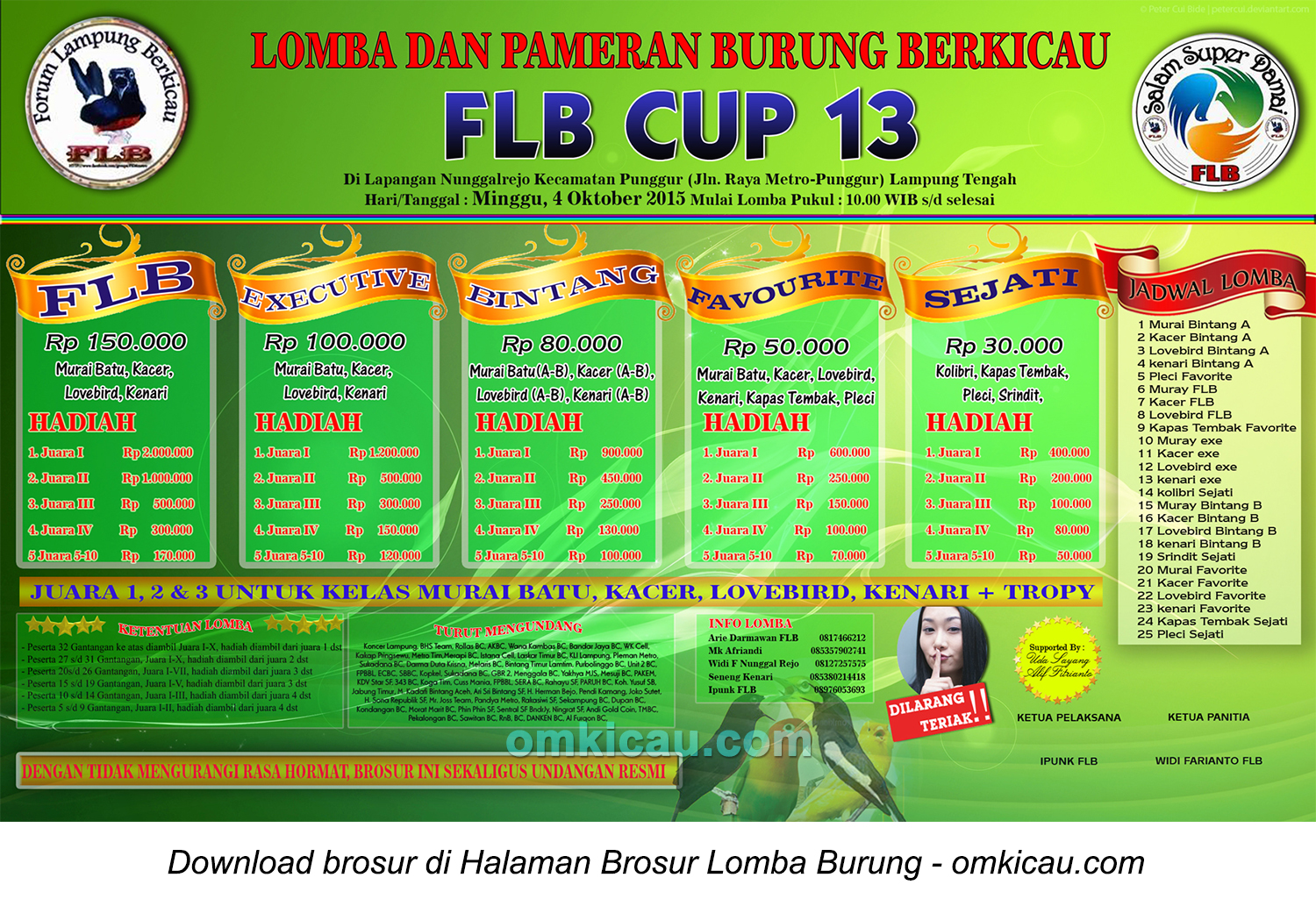 Brosur Lomba Burung Berkicau FLB Cup 13, Lampung Tengah, 4 Oktober 2015