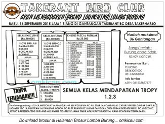 Brosur Lomba Burung Berkicau Grand Launching Takerant BC, Lamongan, 16 September 2015