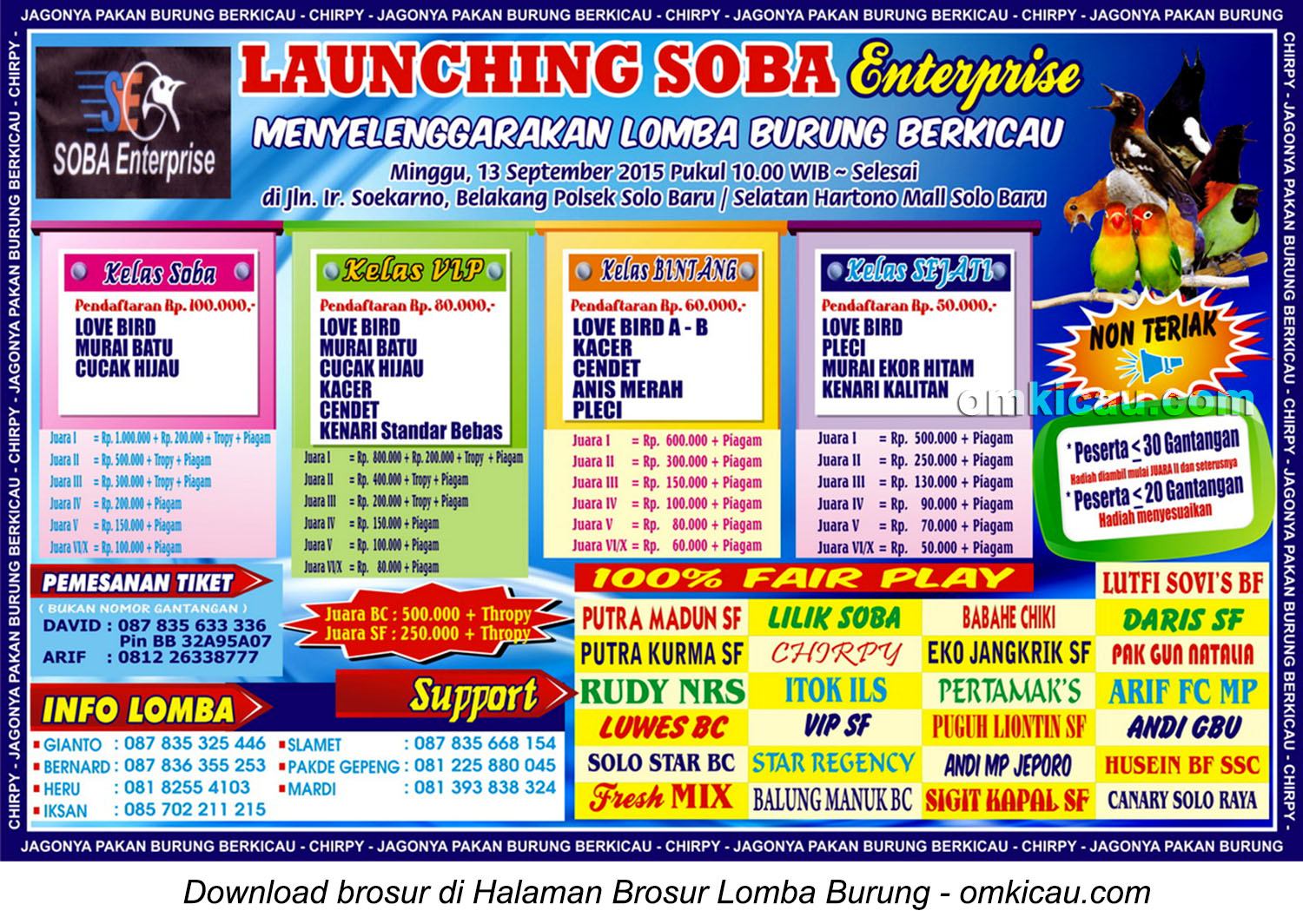 Brosur Lomba Burung Berkicau Launching Soba Enterprise, Solo, 13 September 2015