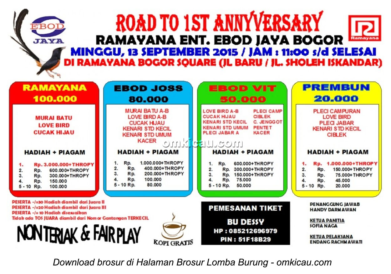 Brosur Lomba Burung Berkicau Road to 1st Anniversary Ramayana Ent, Bogor, 13 September 2015