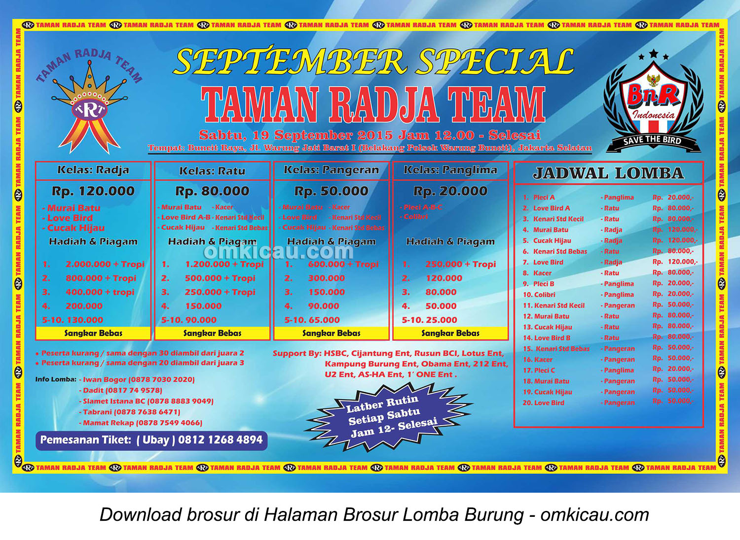 Brosur Lomba Burung Berkicau September Special Taman Radja Team, Jakarta, 19 September 2015