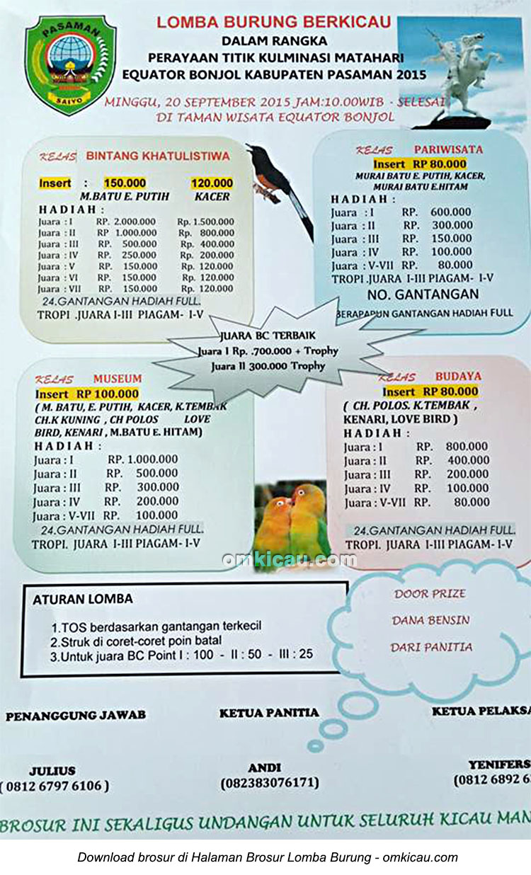 Brosur Lomba Burung Berkicau Taman Wisata Equator Bonjol, Pasaman, 20 September 2015
