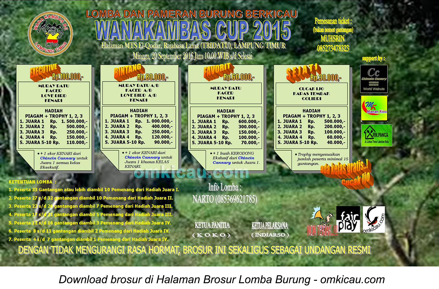 Brosur Lomba Burung Berkicau Wanakambas Cup, Lampung Timur, Minggu 20 September 2015