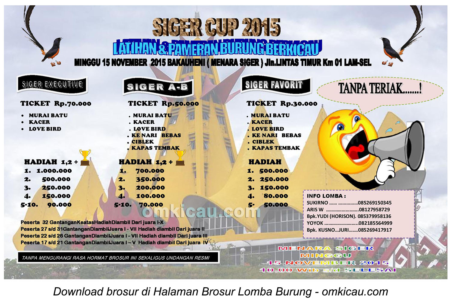 Brosur Latihan Burung Berkicau Siger Cup, Lampung Selatan, 15 November 2015