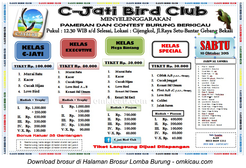 Brosur Latpres Burung Berkicau C-Jati Bird Club, Bekasi, 10 Oktober 2015