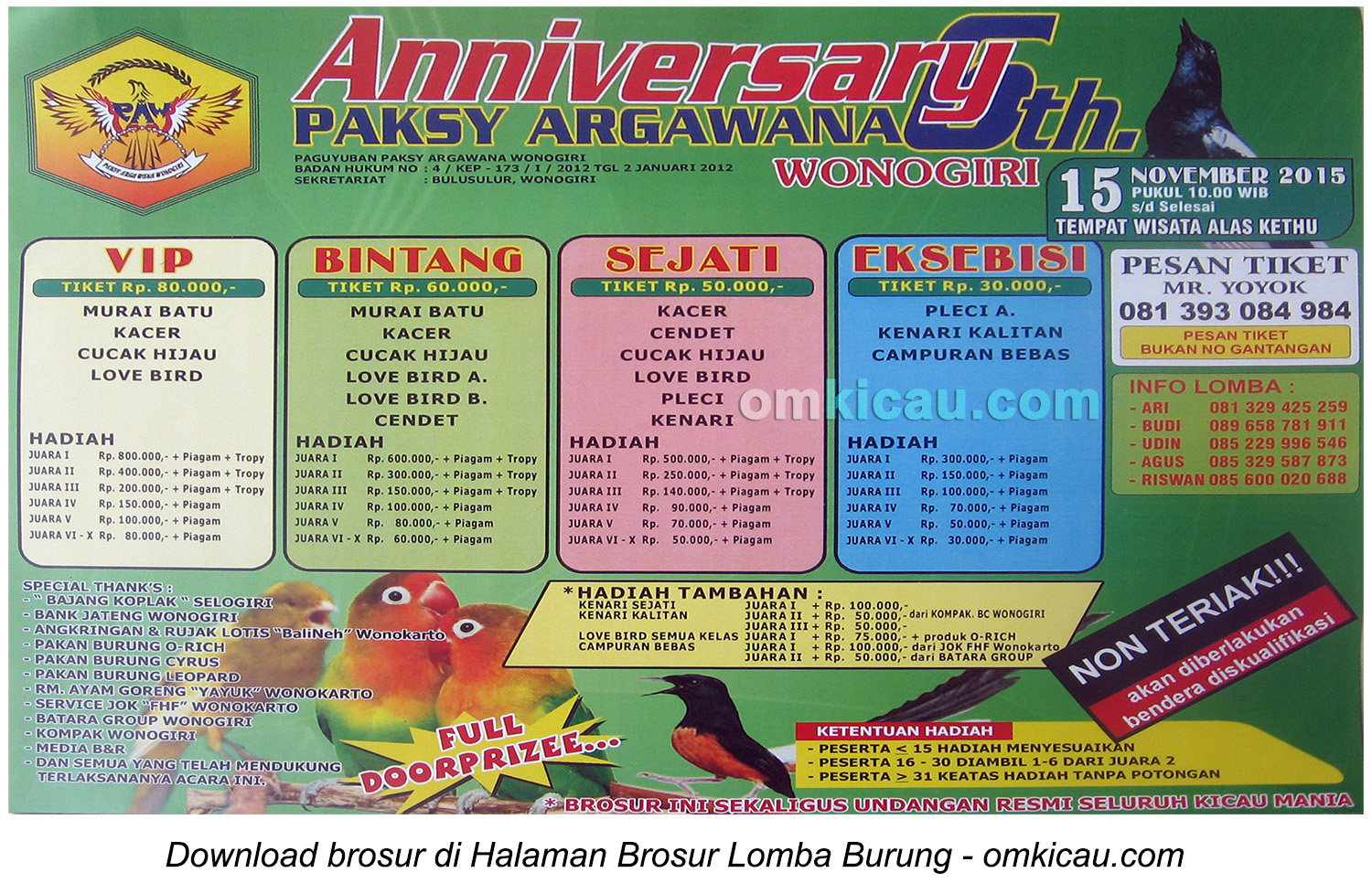 Brosur Lomba Burung Berkicau 6th Anniversary Paksy Argawana, Wonogiri, 15 November 2015