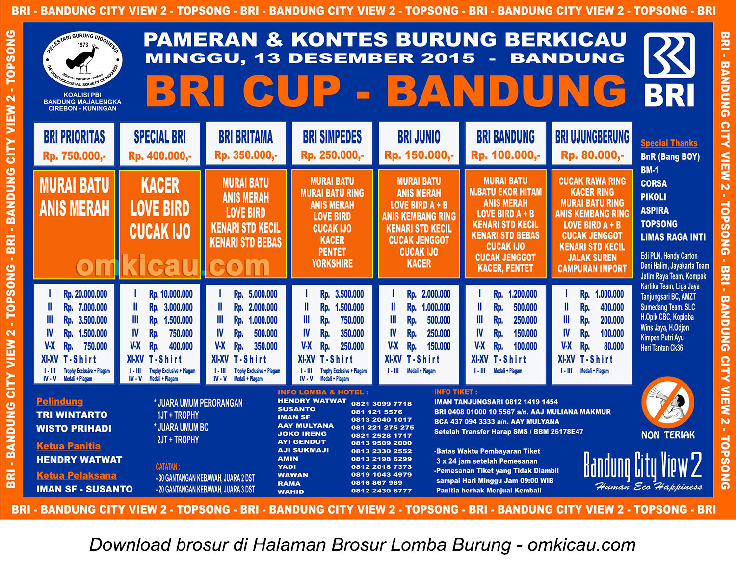 Brosur Lomba Burung Berkicau BRI Cup, Bandung, 13 Desember 2015