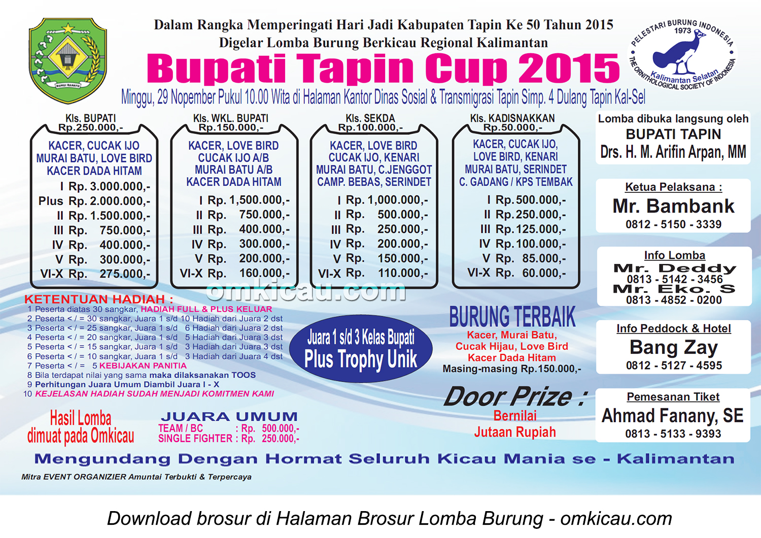 Brosur Lomba Burung Berkicau Bupati Tapin Cup, 29 November 2015