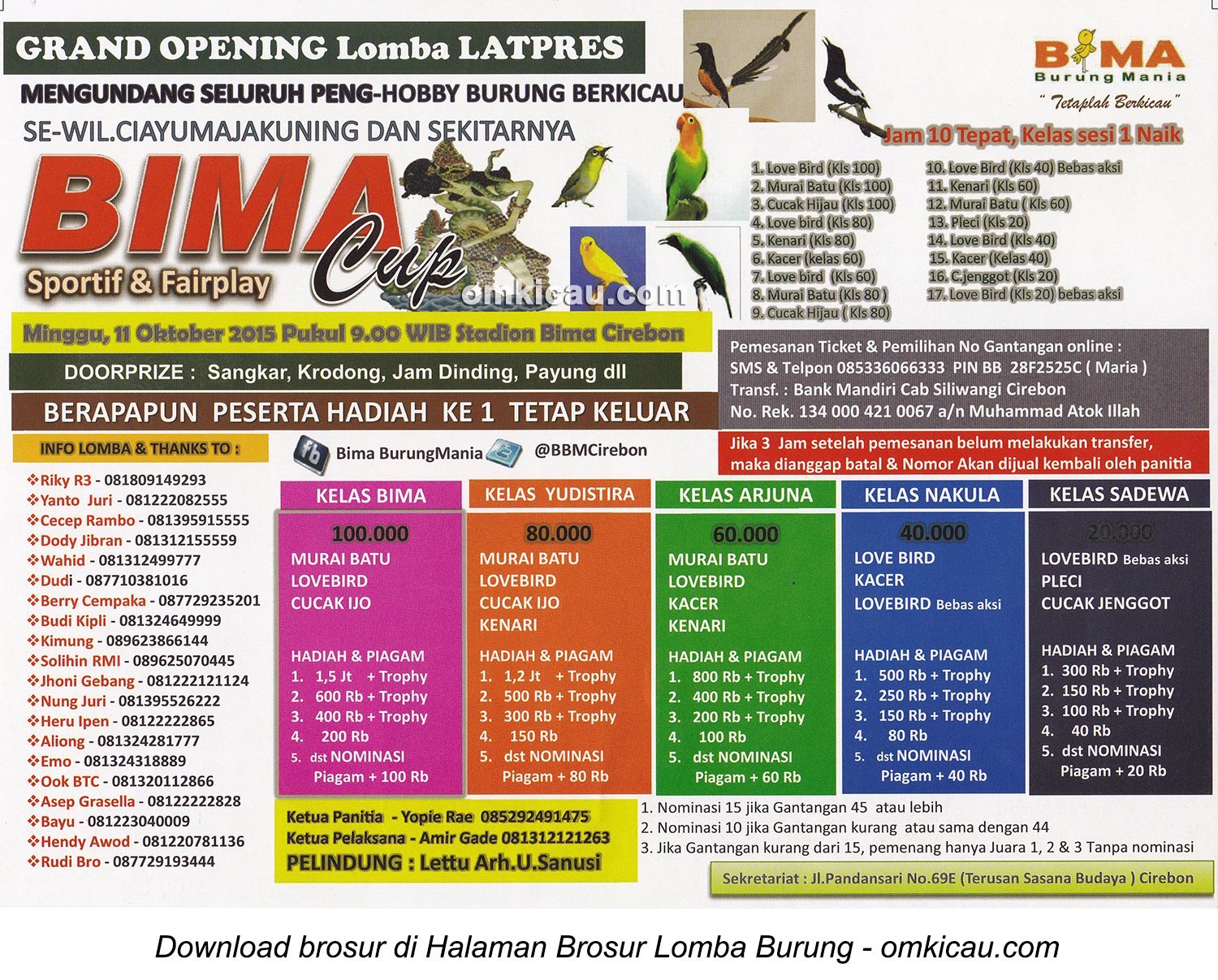 Brosur Lomba Burung Berkicau Grand Opening Bima Cup, Cirebon, 11 Oktober 2015