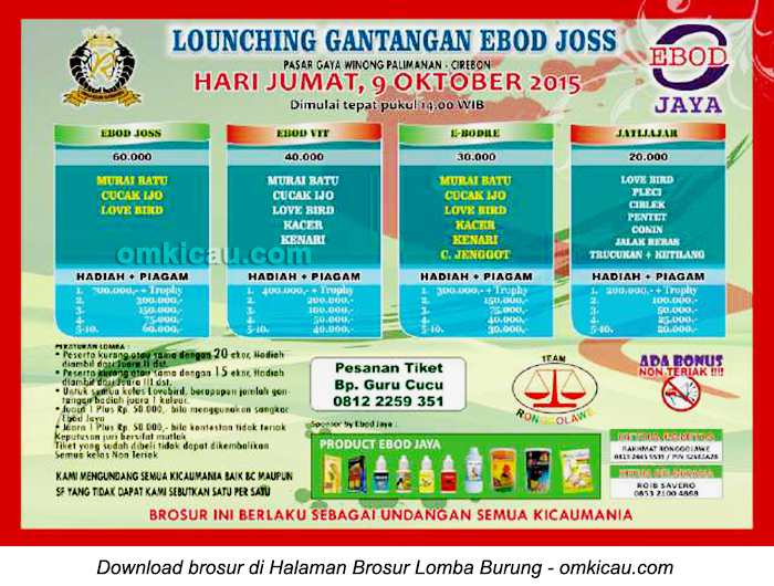Brosur Lomba Burung Berkicau Launching Gantangan Ebod Joss, Cirebon, 9 Oktober 2015