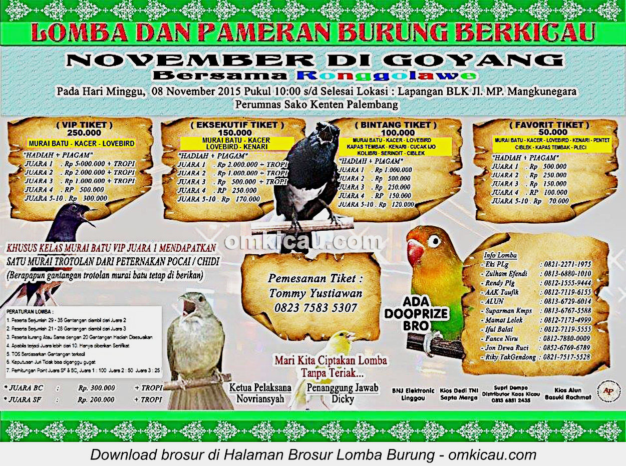 Brosur Lomba Burung Berkicau November Digoyang bersama Ronggolawe. Palembang, 8 November 2015