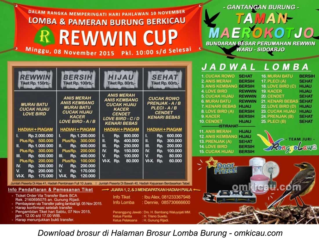 Brosur Lomba Burung Berkicau Rewwin Cup, Sidoarjo, 8 November 2015