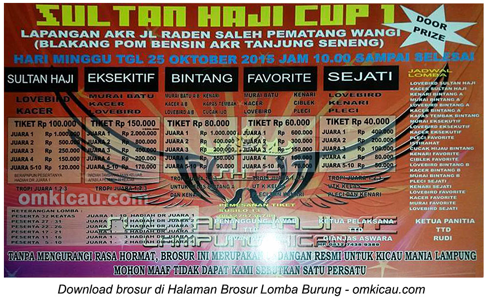 Brosur Lomba Burung Berkicau Sultan Haji Cup 1, Bandarlampung, 25 Oktober 2015