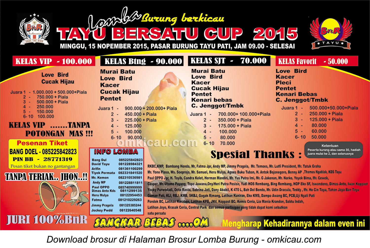 Brosur Lomba Burung Berkicau Tayu Bersatu Cup, Pati, 15 November 2015