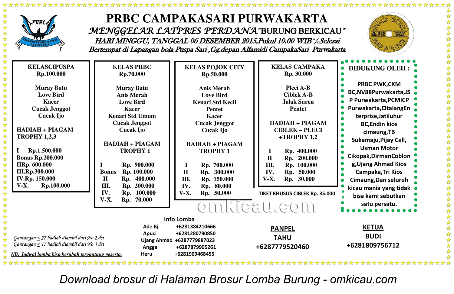 Brosur Latpres Perdana Burung Berkicau PRBC Campakasari, Purwakarta, 6 Desember 2015