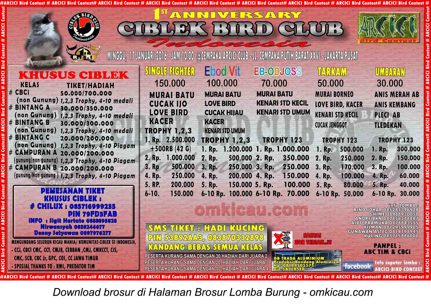 Brosur Lomba Burung Berkicau 1st Ciblek Bird Club, Jakarta Pusat, 17 Januari 2016