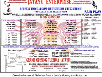 Brosur Lomba Burung Berkicau Grand Opening Tuesday Jatayu Enterprise, Bekasi, 22 Desember 2015