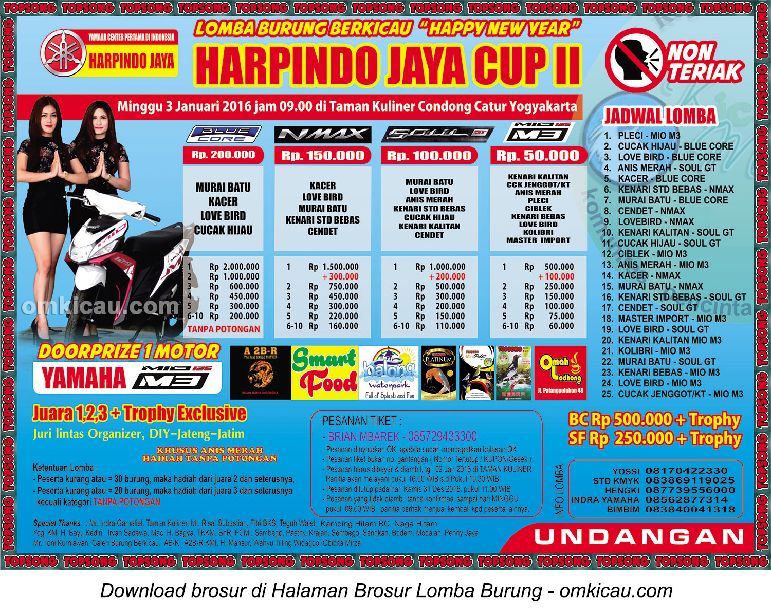 Brosur Lomba Burung Berkicau Harpindo Jaya Cup II, Jogja, Minggu 3 Januari 2016