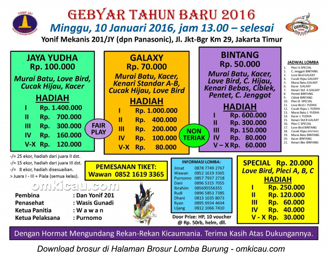 Brosur Gebyar Tahun Baru 2016 Yonif Mekanis 201, Jakarta Timur, 10 Januari 2016