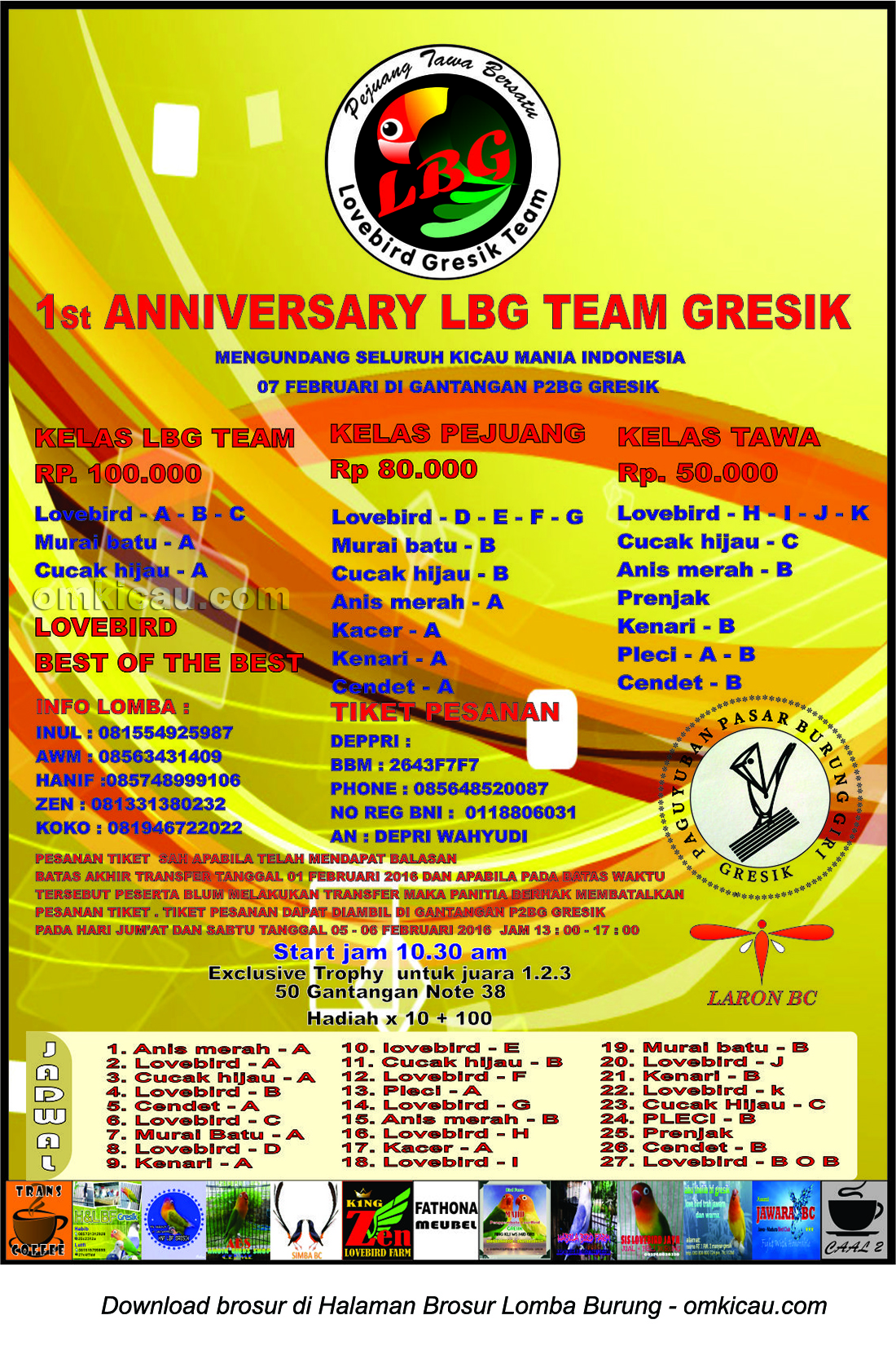 Brosur Lomba Burung Berkicau 1st Anniversary LBG Team Gresik, 7 Februari 2016