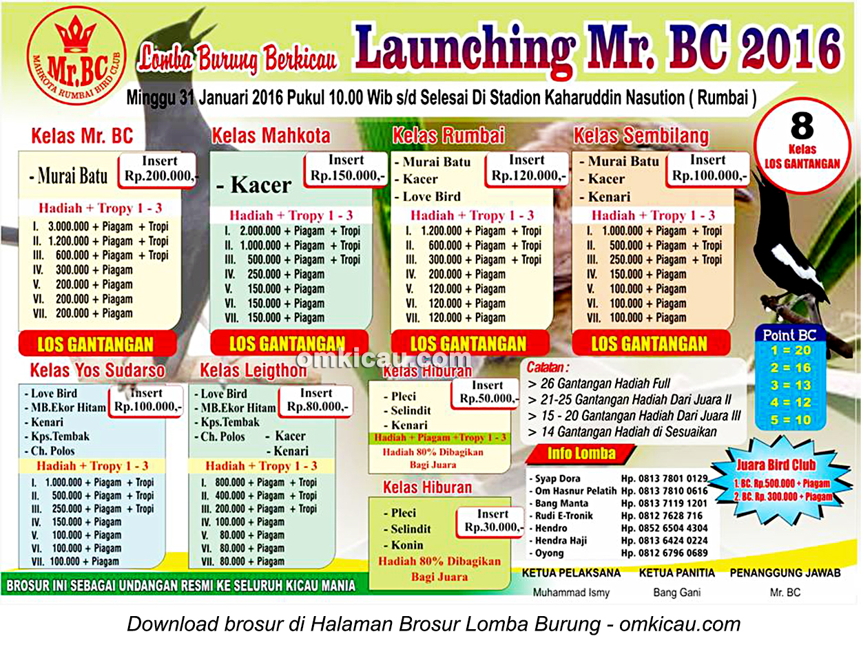 Brosur Lomba Burung Berkicau Launching Mr BC, Pekanbaru, Minggu 31 Januari 2016