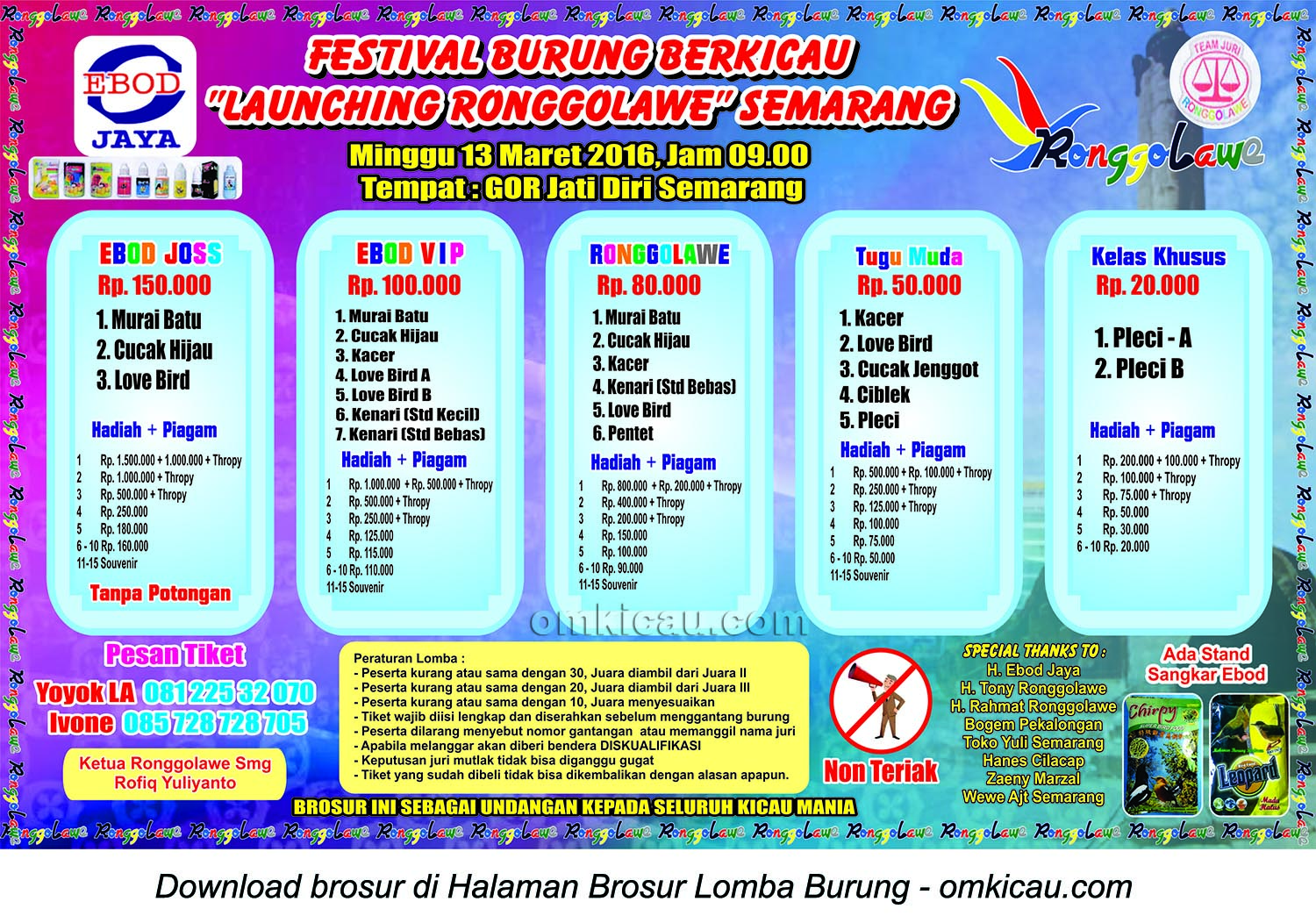 Brosur Festival Burung Berkicau Launching Ronggolawe Semarang, 13 Maret 2016