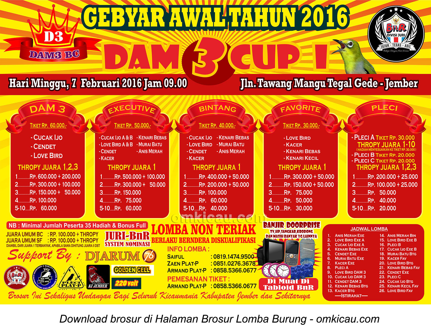 Brosur Lomba Burung Berkicau DAM3 Cup I, Jember, Minggu 7 Februari 2016