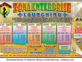 Brosur Lomba Burung Berkicau Launching Zona Enterprise, Jakarta Timur, 20 Maret 2016